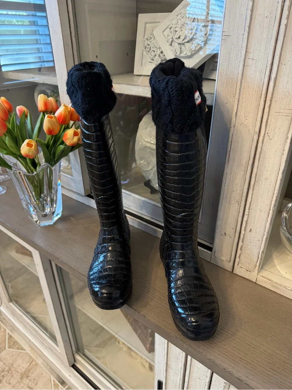 Hunter & Jimmy Choo Limited Edition Black Croc-Embossed Tall Rain Boots